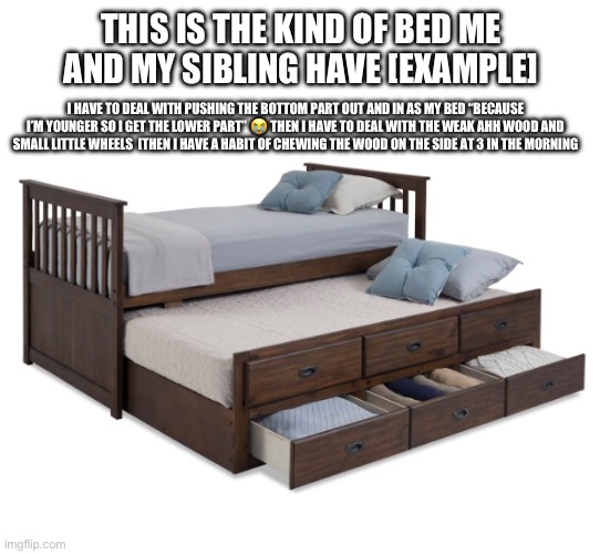 Pain | THIS IS THE KIND OF BED ME AND MY SIBLING HAVE [EXAMPLE]; I HAVE TO DEAL WITH PUSHING THE BOTTOM PART OUT AND IN AS MY BED “BECAUSE I’M YOUNGER SO I GET THE LOWER PART” 😭 THEN I HAVE TO DEAL WITH THE WEAK AHH WOOD AND SMALL LITTLE WHEELS  [THEN I HAVE A HABIT OF CHEWING THE WOOD ON THE SIDE AT 3 IN THE MORNING | made w/ Imgflip meme maker