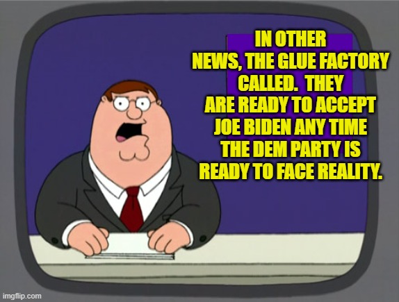 Ouch, eh? | IN OTHER NEWS, THE GLUE FACTORY CALLED.  THEY ARE READY TO ACCEPT JOE BIDEN ANY TIME THE DEM PARTY IS READY TO FACE REALITY. | image tagged in peter griffin news | made w/ Imgflip meme maker