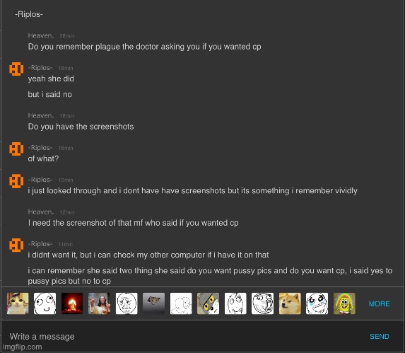 I’m fucking tweaking, I know damn well I saw a screenshot of plague asking riplor if he wanted cp, and one of y’all saw the scre | made w/ Imgflip meme maker