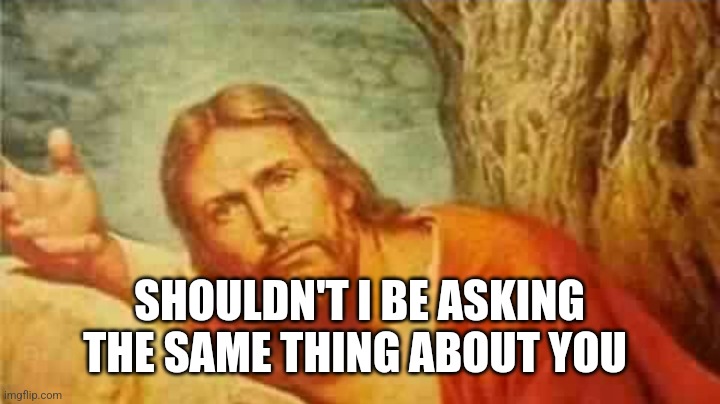 Confused jesus | SHOULDN'T I BE ASKING THE SAME THING ABOUT YOU | image tagged in confused jesus | made w/ Imgflip meme maker