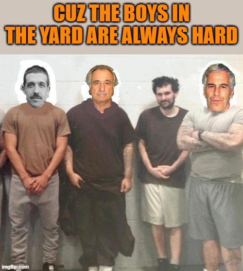 Ponzi Shot Callers | CUZ THE BOYS IN THE YARD ARE ALWAYS HARD | image tagged in jeffrey epstein,prison,crypto | made w/ Imgflip meme maker