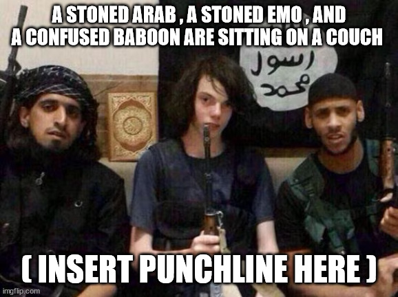 A STONED ARAB , A STONED EMO , AND A CONFUSED BABOON ARE SITTING ON A COUCH ( INSERT PUNCHLINE HERE ) | made w/ Imgflip meme maker