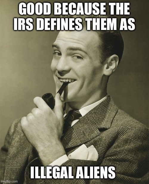 Smug | GOOD BECAUSE THE IRS DEFINES THEM AS ILLEGAL ALIENS | image tagged in smug | made w/ Imgflip meme maker