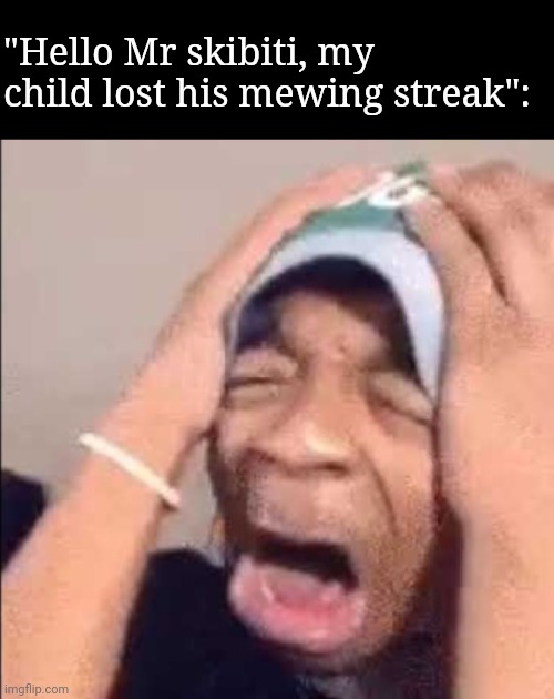 Kill me | "Hello Mr skibiti, my child lost his mewing streak": | image tagged in flightreacts crying | made w/ Imgflip meme maker