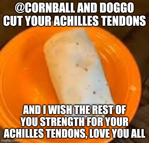 JimmyHere Burrito | @CORNBALL AND DOGGO CUT YOUR ACHILLES TENDONS; AND I WISH THE REST OF YOU STRENGTH FOR YOUR ACHILLES TENDONS, LOVE YOU ALL | image tagged in jimmyhere burrito | made w/ Imgflip meme maker