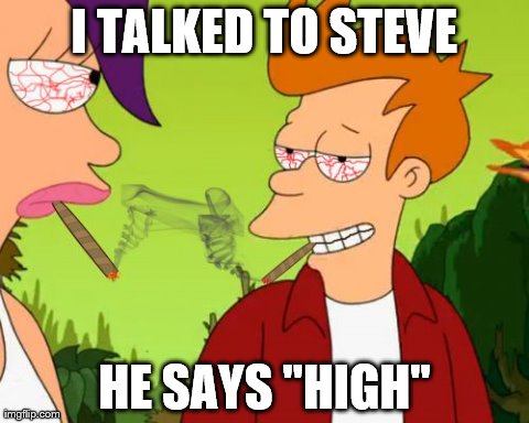 Pothead Fry | I TALKED TO STEVE HE SAYS "HIGH" | image tagged in memes,pothead fry | made w/ Imgflip meme maker