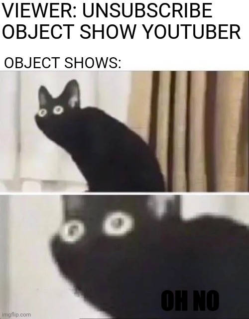 OH NO | VIEWER: UNSUBSCRIBE OBJECT SHOW YOUTUBER; OBJECT SHOWS:; OH NO | image tagged in oh no black cat,funny | made w/ Imgflip meme maker