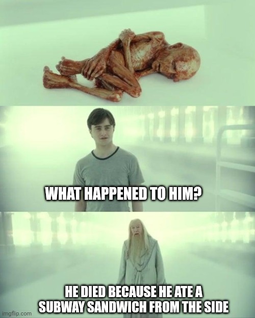 Please don't tell me any of you ever did this | WHAT HAPPENED TO HIM? HE DIED BECAUSE HE ATE A SUBWAY SANDWICH FROM THE SIDE | image tagged in dead baby voldemort / what happened to him | made w/ Imgflip meme maker