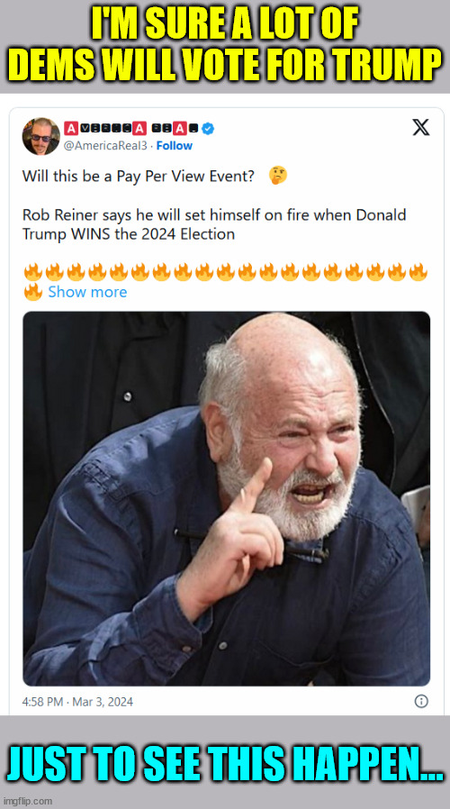 It's bbq time meathead... | I'M SURE A LOT OF DEMS WILL VOTE FOR TRUMP; JUST TO SEE THIS HAPPEN... | image tagged in rob reiner,burn baby burn,vote trump,it's bbq time meathead | made w/ Imgflip meme maker