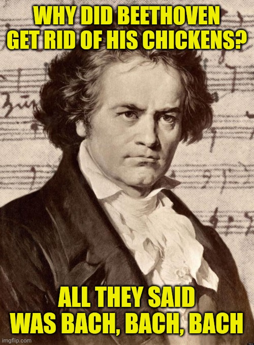 Ludwig van Beethoven | WHY DID BEETHOVEN GET RID OF HIS CHICKENS? ALL THEY SAID WAS BACH, BACH, BACH | image tagged in ludwig van beethoven | made w/ Imgflip meme maker