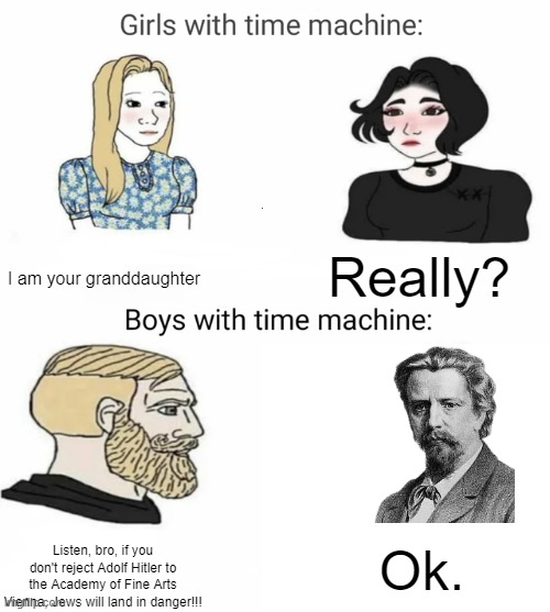 Boys with time machine: | I am your granddaughter; Really? Listen, bro, if you don't reject Adolf Hitler to the Academy of Fine Arts Vienna, Jews will land in danger!!! Ok. | image tagged in time machine | made w/ Imgflip meme maker