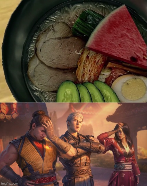 Who would add Watermelon on the noodles? (This picture on top is from the Yakuza game series) | image tagged in noodles,watermelon | made w/ Imgflip meme maker