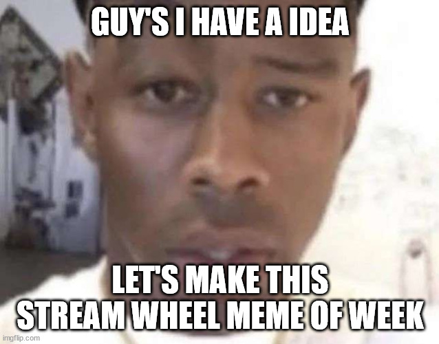 Tyler The Creator Eyebrow Raise | GUY'S I HAVE A IDEA; LET'S MAKE THIS STREAM WHEEL MEME OF WEEK | image tagged in tyler the creator eyebrow raise | made w/ Imgflip meme maker