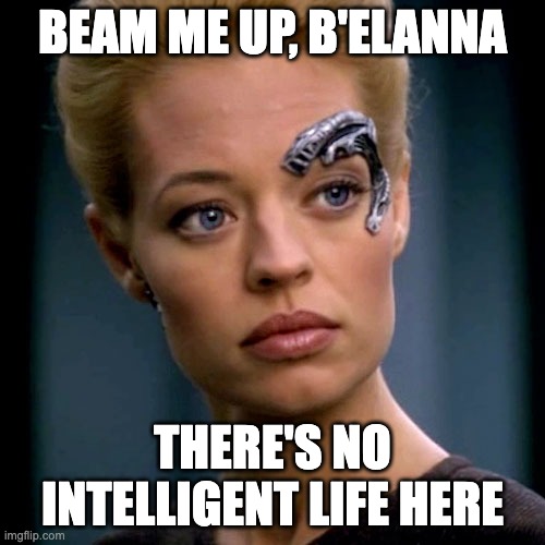 Beam Me Up B'Ellana There's No Intelligent Life Here | BEAM ME UP, B'ELANNA; THERE'S NO INTELLIGENT LIFE HERE | image tagged in seven of nine serious,beam me up,seven of nine no intelligent life,seven of nine regrets leaving borg | made w/ Imgflip meme maker