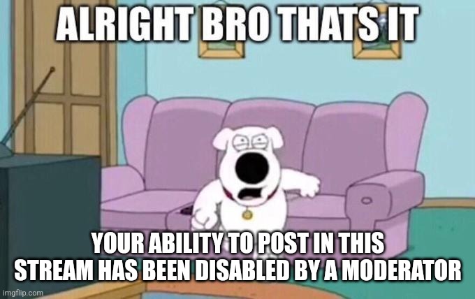 Alright bro, that's it | YOUR ABILITY TO POST IN THIS STREAM HAS BEEN DISABLED BY A MODERATOR | image tagged in alright bro that's it | made w/ Imgflip meme maker