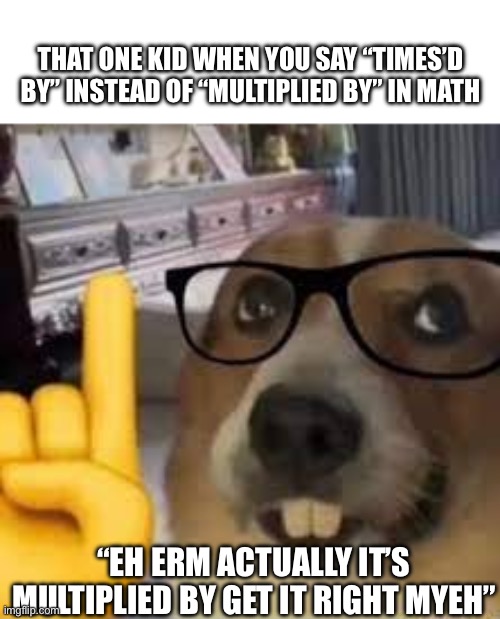 ? | THAT ONE KID WHEN YOU SAY “TIMES’D BY” INSTEAD OF “MULTIPLIED BY” IN MATH; “EH ERM ACTUALLY IT’S MULTIPLIED BY GET IT RIGHT MYEH” | image tagged in nerd dog | made w/ Imgflip meme maker