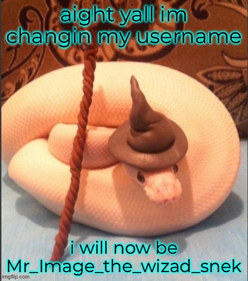 aight yall im changin my username; i will now be Mr_Image_the_wizad_snek | made w/ Imgflip meme maker
