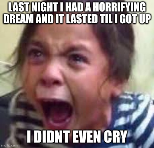 i really had that last night | LAST NIGHT I HAD A HORRIFYING DREAM AND IT LASTED TIL I GOT UP; I DIDNT EVEN CRY | image tagged in crying girl | made w/ Imgflip meme maker