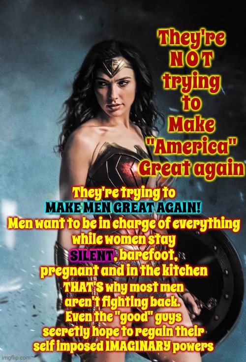 We're ALL Wonder Woman, We ALL Deserve To Wear White And There's A Little Witch In ALL Of Us! | They're
N O T
trying to Make "America" Great again; They're trying to
MAKE MEN GREAT AGAIN!

Men want to be in charge of everything while women stay SILENT, barefoot, pregnant and in the kitchen; SILENT; MAKE MEN GREAT AGAIN! THAT'S why most men aren't fighting back.  Even the "good" guys secretly hope to regain their self imposed IMAGINARY powers | image tagged in grandmothers,mothers,daughters,sisters,memes,wonder woman | made w/ Imgflip meme maker