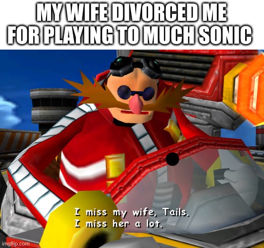 I miss my wife, Tails. | MY WIFE DIVORCED ME FOR PLAYING TO MUCH SONIC | image tagged in i miss my wife tails | made w/ Imgflip meme maker