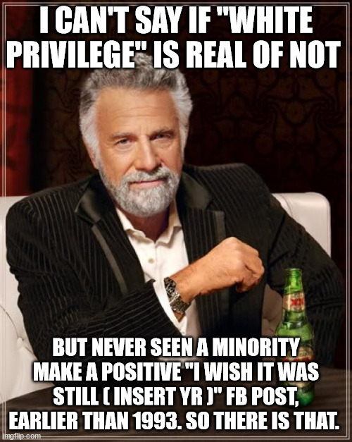 white privilege | I CAN'T SAY IF "WHITE PRIVILEGE" IS REAL OF NOT; BUT NEVER SEEN A MINORITY MAKE A POSITIVE "I WISH IT WAS STILL ( INSERT YR )" FB POST, EARLIER THAN 1993. SO THERE IS THAT. | image tagged in memes,the most interesting man in the world | made w/ Imgflip meme maker
