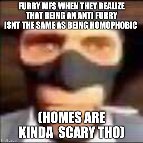 ive had furries tell me all anti furries are homophobic | FURRY MFS WHEN THEY REALIZE THAT BEING AN ANTI FURRY ISNT THE SAME AS BEING HOMOPHOBIC; (HOMES ARE KINDA  SCARY THO) | image tagged in spi | made w/ Imgflip meme maker