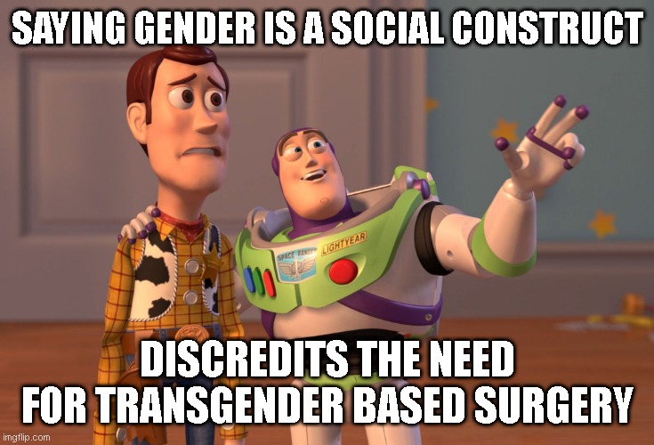 X, X Everywhere Meme | SAYING GENDER IS A SOCIAL CONSTRUCT; DISCREDITS THE NEED FOR TRANSGENDER BASED SURGERY | image tagged in memes,x x everywhere | made w/ Imgflip meme maker