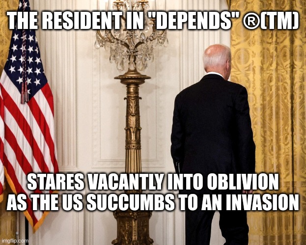 Resident in Chief | THE RESIDENT IN "DEPENDS" ®(TM); STARES VACANTLY INTO OBLIVION AS THE US SUCCUMBS TO AN INVASION | image tagged in buck fiden,dementia,clown | made w/ Imgflip meme maker
