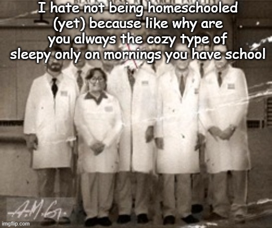 I hate not being homeschooled (yet) because like why are you always the cozy type of sleepy only on mornings you have school | image tagged in anomalous materials team | made w/ Imgflip meme maker