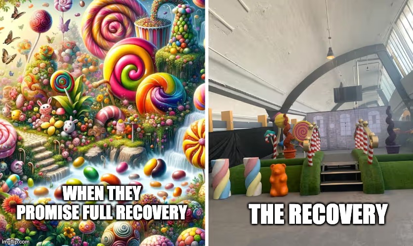 Promise of recovery vs actual recovery | THE RECOVERY; WHEN THEY PROMISE FULL RECOVERY | image tagged in wonka | made w/ Imgflip meme maker