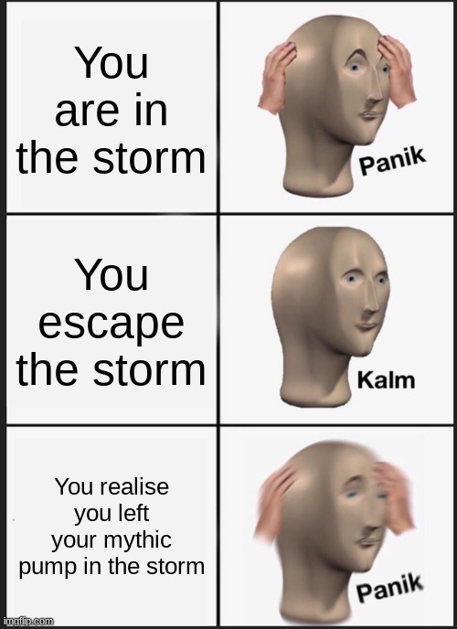 Ultimate panik | You are in the storm; You escape the storm; You realise you left your mythic pump in the storm | image tagged in memes,panik kalm panik | made w/ Imgflip meme maker
