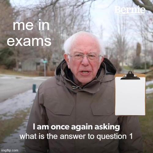 Bernie I Am Once Again Asking For Your Support | me in exams; what is the answer to question 1 | image tagged in memes,bernie i am once again asking for your support | made w/ Imgflip meme maker
