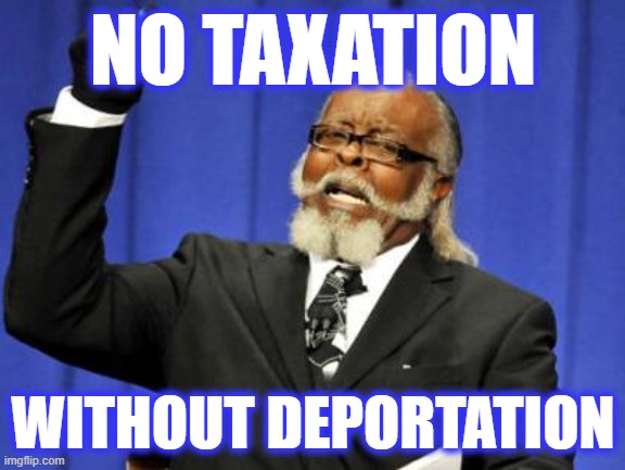 New Slogan Proposal | NO TAXATION; WITHOUT DEPORTATION | image tagged in memes,too damn high | made w/ Imgflip meme maker