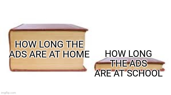 Why is it like this | HOW LONG THE ADS ARE AT SCHOOL; HOW LONG THE ADS ARE AT HOME | image tagged in big book small book,middle school | made w/ Imgflip meme maker