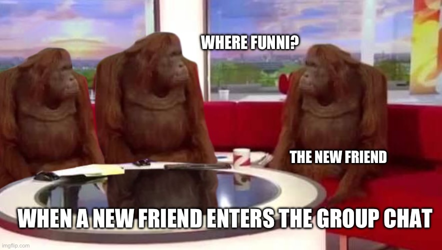 They will learn | WHERE FUNNI? THE NEW FRIEND; WHEN A NEW FRIEND ENTERS THE GROUP CHAT | image tagged in where monkey | made w/ Imgflip meme maker