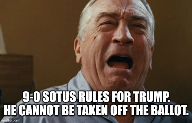 deniro crying | 9-0 SOTUS RULES FOR TRUMP. HE CANNOT BE TAKEN OFF THE BALLOT. | image tagged in deniro crying | made w/ Imgflip meme maker