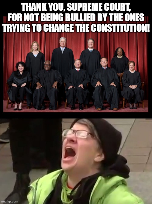 Let freedom ring loud above liberal cries! | THANK YOU, SUPREME COURT, FOR NOT BEING BULLIED BY THE ONES TRYING TO CHANGE THE CONSTITUTION! | image tagged in screaming liberal,supreme court,trump,liberals,maga,biden | made w/ Imgflip meme maker