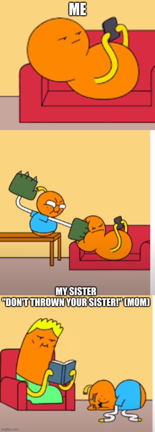 i barely touched her! | ME; MY SISTER
"DON'T THROWN YOUR SISTER!" (MOM) | image tagged in funny | made w/ Imgflip meme maker