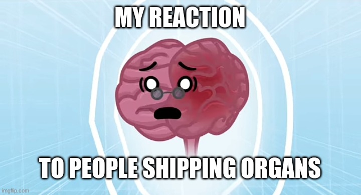 this is a joke | MY REACTION; TO PEOPLE SHIPPING ORGANS | image tagged in human buddy - shocked brain | made w/ Imgflip meme maker