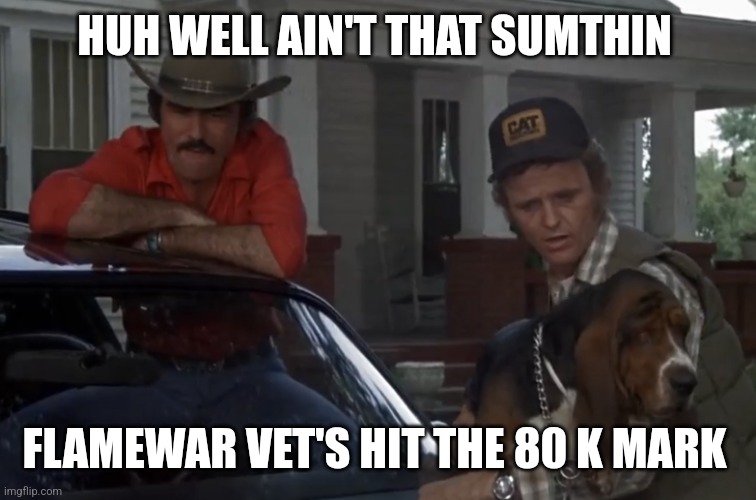 Smoky bandit snowman Honey hush | HUH WELL AIN'T THAT SUMTHIN; FLAMEWAR VET'S HIT THE 80 K MARK | image tagged in smoky bandit snowman honey hush | made w/ Imgflip meme maker