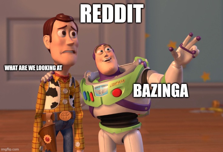 I HATE REDDIT AND BAZINGA MEMES | REDDIT; WHAT ARE WE LOOKING AT; BAZINGA | image tagged in memes,x x everywhere | made w/ Imgflip meme maker