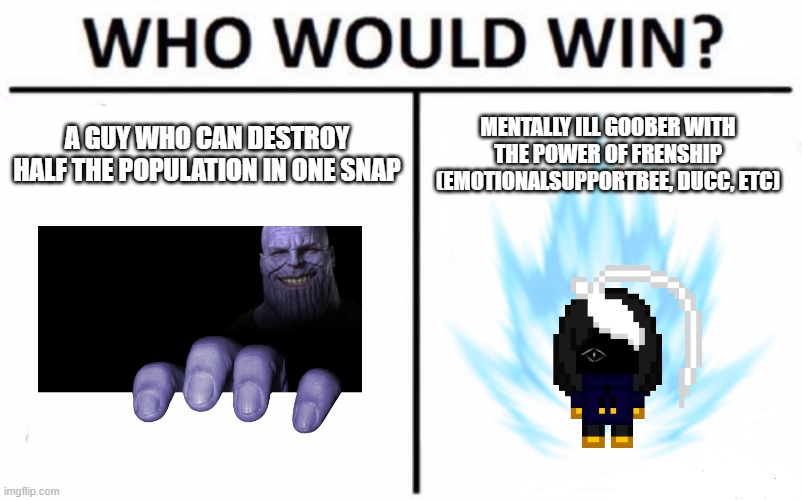 place your bets in the comments | A GUY WHO CAN DESTROY HALF THE POPULATION IN ONE SNAP; MENTALLY ILL GOOBER WITH THE POWER OF FRENSHIP (EMOTIONALSUPPORTBEE, DUCC, ETC) | image tagged in memes,who would win | made w/ Imgflip meme maker
