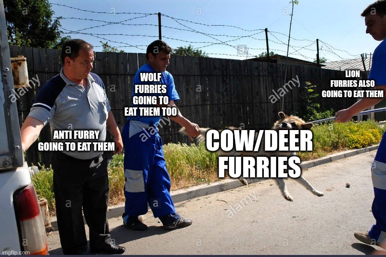 dog catcher | COW/DEER FURRIES ANTI FURRY GOING TO EAT THEM WOLF FURRIES GOING TO EAT THEM TOO LION FURRIES ALSO GOING TO EAT THEM | image tagged in dog catcher | made w/ Imgflip meme maker