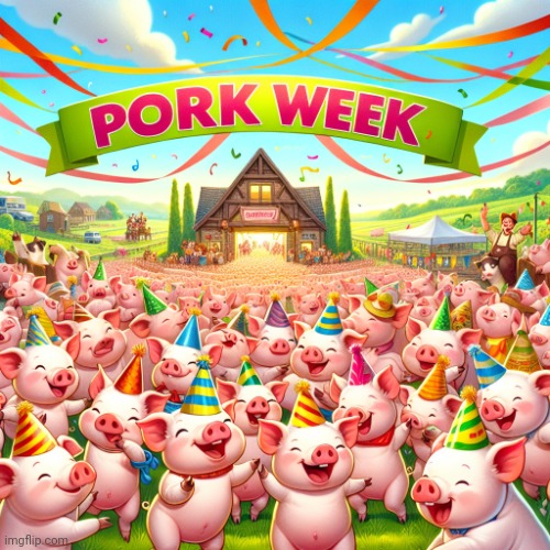 Celebration with a pig community, with banner saying " PORK WEEK | image tagged in celebration with a pig community with banner saying pork week | made w/ Imgflip meme maker