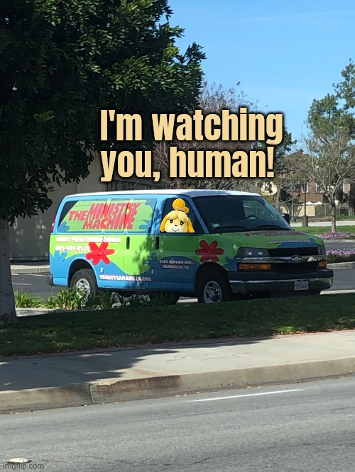 Don't get in the van | I'm watching you, human! | image tagged in scooby doo van,funni,clown,van | made w/ Imgflip meme maker