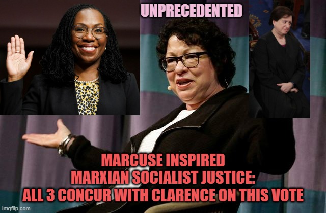 Justice sotomayor | UNPRECEDENTED; MARCUSE INSPIRED
MARXIAN SOCIALIST JUSTICE:
ALL 3 CONCUR WITH CLARENCE ON THIS VOTE | image tagged in justice sotomayor | made w/ Imgflip meme maker