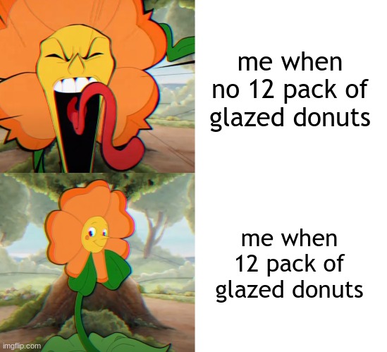 i <3 donuts xd | me when no 12 pack of glazed donuts; me when 12 pack of glazed donuts | image tagged in cagney carnation meme - front view | made w/ Imgflip meme maker