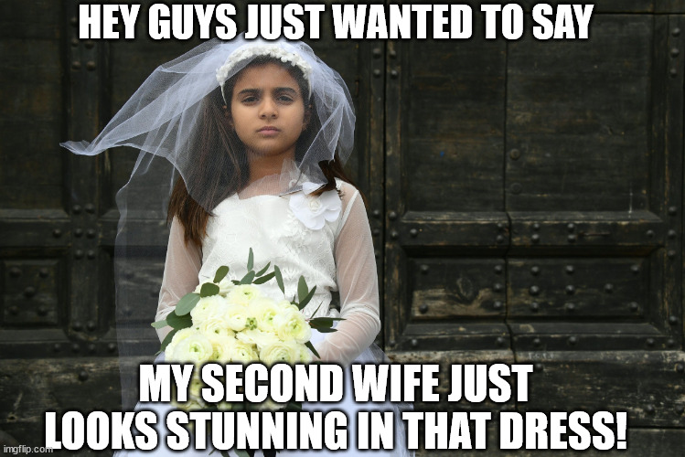 Bro. | HEY GUYS JUST WANTED TO SAY; MY SECOND WIFE JUST LOOKS STUNNING IN THAT DRESS! | image tagged in little girl as bride,marrage memes,underaged memes | made w/ Imgflip meme maker