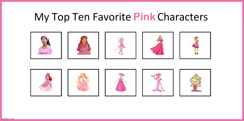 Brandon's Top 10 Favorite Pink Characters | image tagged in pink,pink panther,princess peach,ariel,deviantart,sleeping beauty | made w/ Imgflip meme maker
