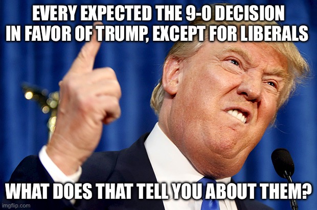 9-0 | EVERY EXPECTED THE 9-0 DECISION IN FAVOR OF TRUMP, EXCEPT FOR LIBERALS; WHAT DOES THAT TELL YOU ABOUT THEM? | image tagged in donald trump,liberals | made w/ Imgflip meme maker
